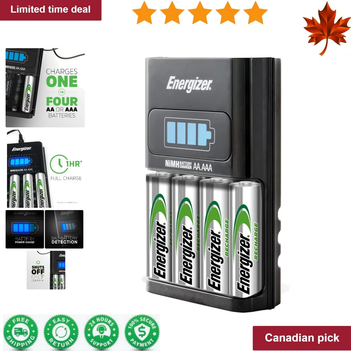 Rapid 1 Hour Charger with 4 AA NiMH Rechargeable Batteries Quick