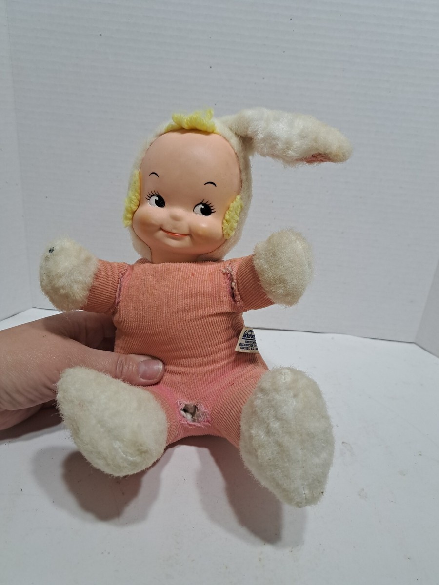 Vtg Pink Knickerbocker Kewpie Rubber Face Plush Bunny Doll