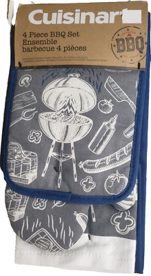 4pc Set: 1 Apron, 1 Pot Holder,1 Oven MItt &1 Towel, BBQ ITEMS ON GREY,Cuisinart