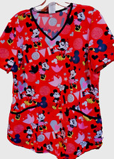 Disney Brand Mickey Minnie Uniform Scrub Top Short Sleeve Red Black Pockets MED