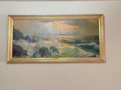 C. Rossi's painting, Sunset Tides, showcases vibrant golden yellow, orange, and 