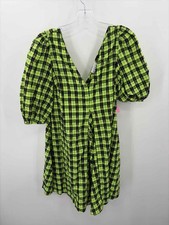 Pre-Owned Ganni Green Size 38 Plaid Shift Knee Length Short Sleeve Dress