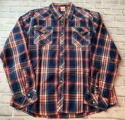 True Religion Mens Blue Plaid Western Horseshoe Shirt XXL Cowboy NWOT