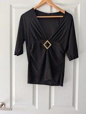 Vintage Lette Black Y2K Ruched Plunge Top with Diamond Buckle - Size Medium
