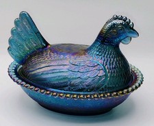 Indiana Glass Hen on Nest Covered Dishes, Pair (Carnival Blue & Iridescent Green) — listing 4