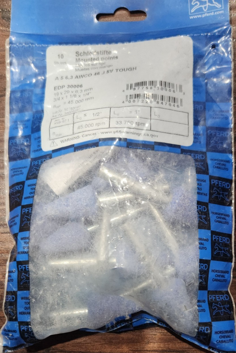 PFERD 30006 Mounted Point, TOUGH, 3/4"x1-1/8,46 Grit,A5,CO,1/4" Shank, 10/BAG