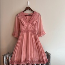 Women's Pink Lace V Neck Pleated Midi Dress 3/4 Sleeve Flutter Valentine's