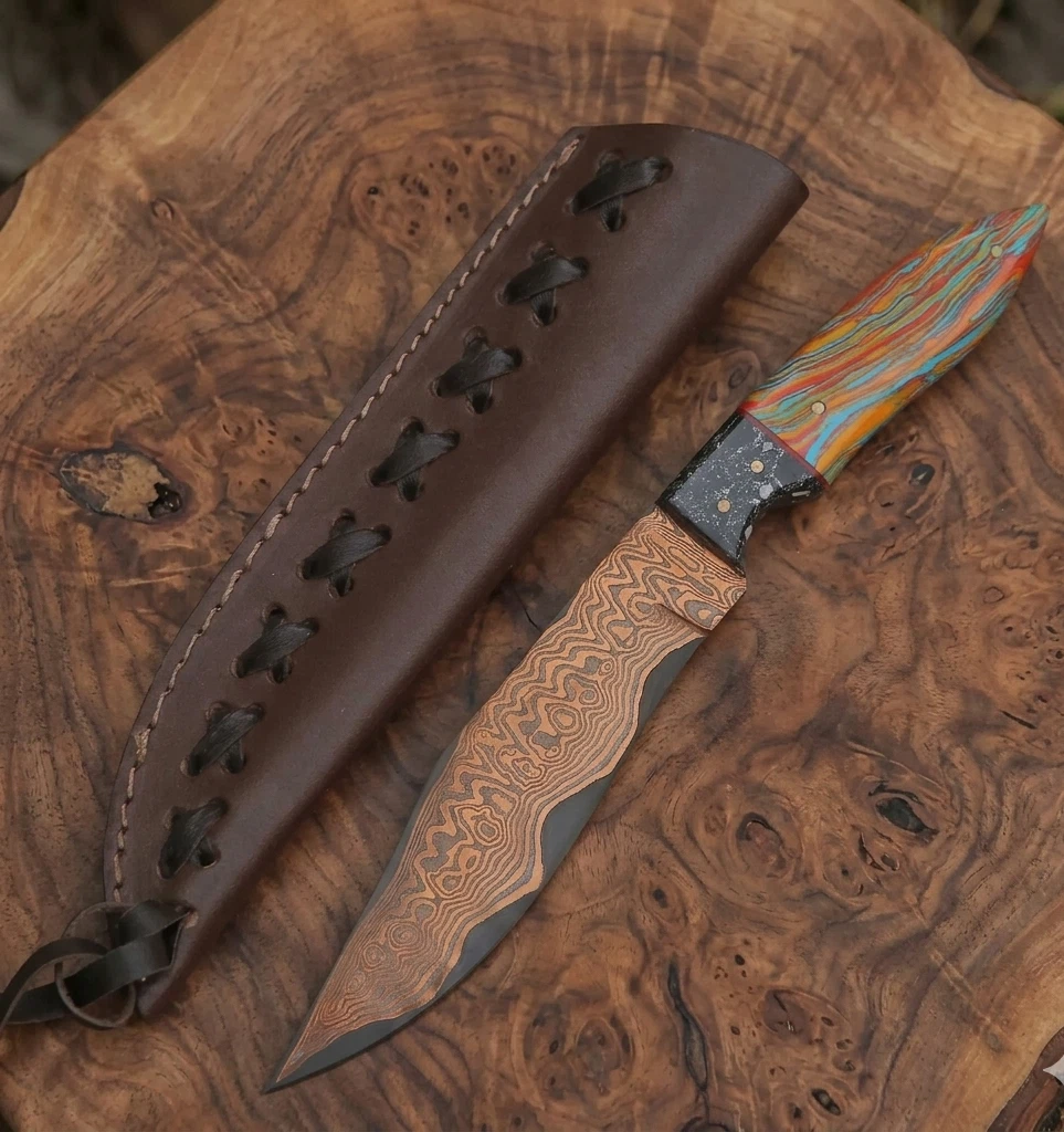 Custom Handmade Copper Damascus Steel Blade Survival | Camping Knife WSheath