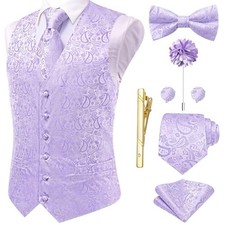 Silk Mens Suit Vest Tie and Bowtie Lapel Pin Gold Tie 3X-Large Light Purple