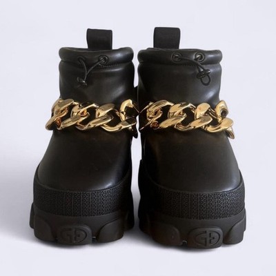 Goldbergh Black Gold Chain Accent Ankle Booties Drawstring Faux Fur Lined