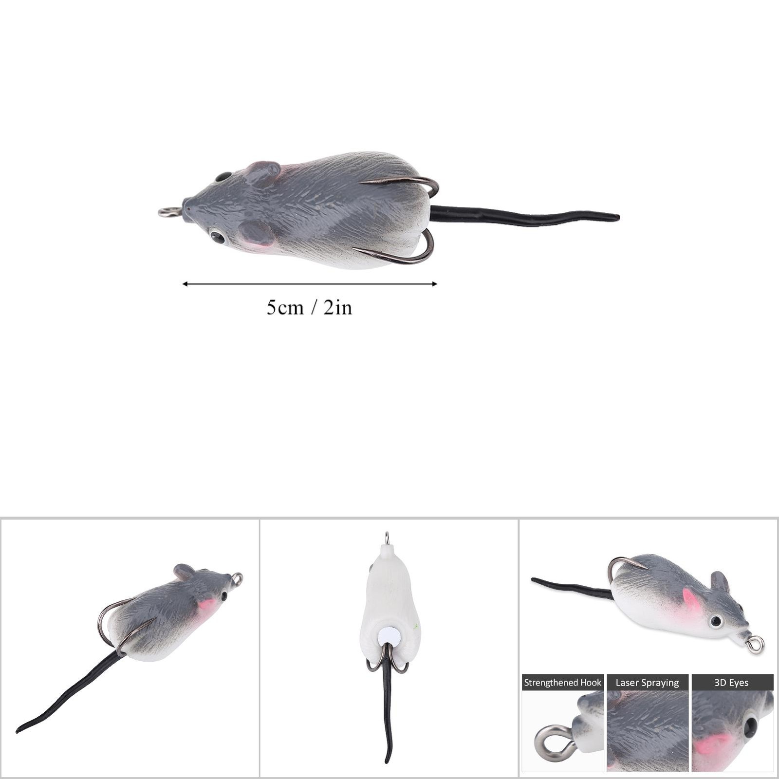 (Grey)Artificial Bait Mouse Shape Soft Fishing Lures Dual Hooks Tackle LW