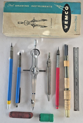4'' Vemco Drafting Compass x/ Box, 3 Drafting Pencils, Lead, Ruler & Sharpener