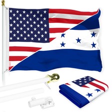 G128 Combo: 6 Ft White Flagpole  Honduras USA Friendship Flag 3x5 Ft