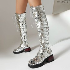 Women's Glitter Sequin Lace Up Shiny Mid Block Heel Over Knee High Boots Shoes