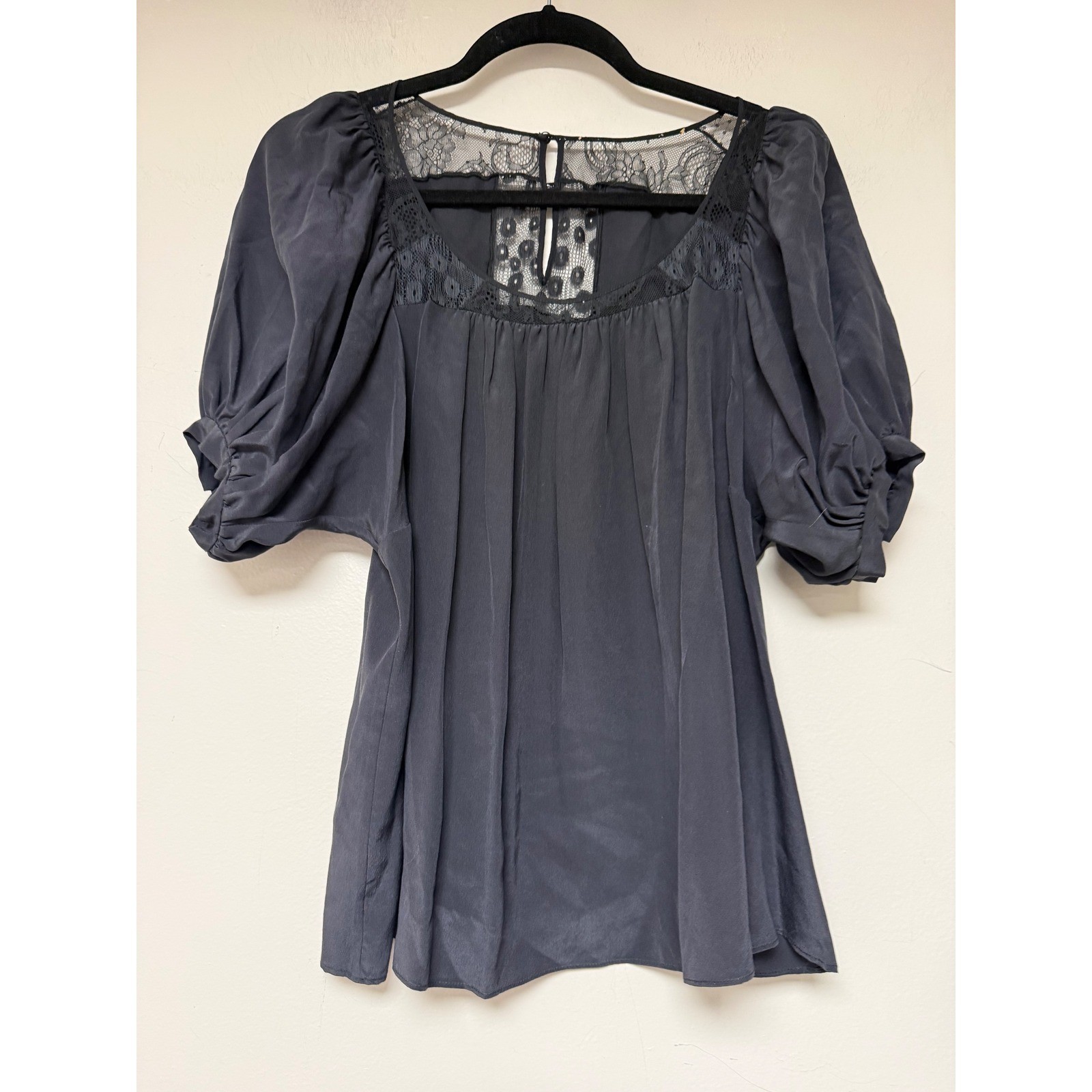 Black Silk Lace Puff Sleeve Square Neck Blouse Top evening dinner