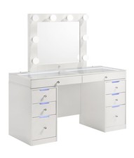 Avery Luxo White Vanity Set LED Mirror Glass Top Makeup Desk Stool