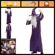 Adult Purple Wizard Costume - Cloak, Hat, Beard, Wand for Halloween Cosplay