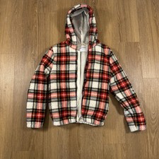 Old Navy Girls Sherpa Plaid Hooded Jacket XL 14-16 Red Black Fleece Coat
