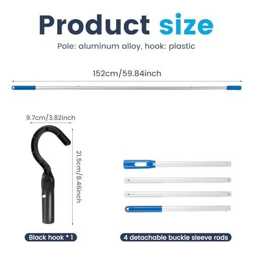 Hook for Pool Robot Removal with 60 Inch / 5 Feet Adjustable Aluminum Pole - 