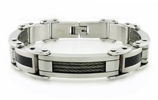 Men's Stainless Steel Bracelet,Silver Toned with Black Carbon Fiber Cable Inlays