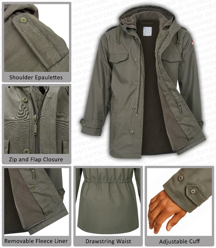 German Parka Army Military Style NATO Hooded Jacket Warm Lined Field Coat Olive - Image 3 of 4