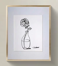 Original Ink Floral Drawing on Watercolor Paper_ Minimalist Art Signed by Artist