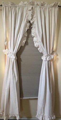4 CREAM COLOR RUFFLED PANELS (2 PR) CURTAINS W/TIEBACKS EA 40”X74”HEAVY - Picture 2 of 14