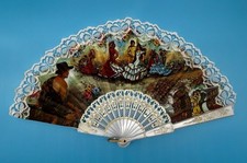 Vintage Spanish Lace Hand Fan Flamenco Dancers Scene   Decorative Abanico 17.5  
