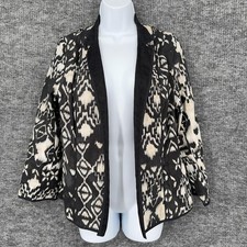 Chicos Blazer Womens 1 Black White Ikat Print Open Front Cotton Lightweight