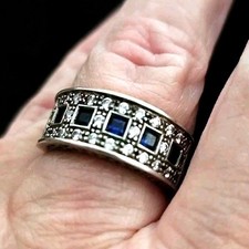 DQ Art Deco 925 Sterling Silver Blue Sapphire CZ Stones Cutout Band Ring Size 7