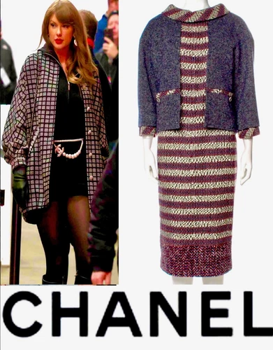 Abito a tubino giacca tweed righe blu marrone 4K nuovo Chanel 2013 34 36 38 2 4 6 M S