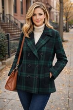 Old Navy Prescott Wool Blend Plaid Check Small Green Black Double Breasted Coat