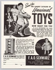 1940 F.A.O. Schwarz Toys Boy on Rocking Giraffe Vintage Print Ad