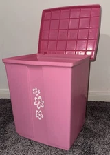 Vintage Barbie Pink  Flower Hard Plastic Laundry Hamper storage trash can w/lid