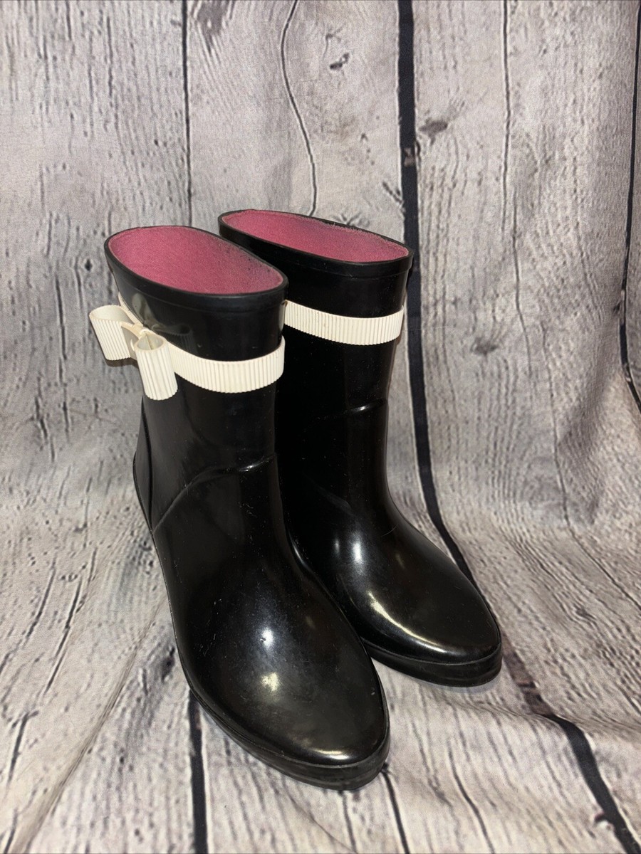 Kate Spade Womens Paloma Rainboots Black Shiny Waterproof Ribbon Bow Heels  6M