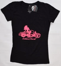 ACTIVE BASIC Black V Neck T Shirt BIKER CHICK Womens M   **NEW**