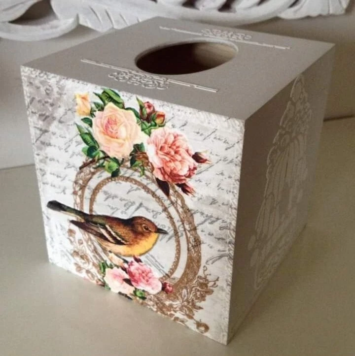 Birds Tissue Square Box Cover Holder wooden handmade decoupaged - Image 1 of 1