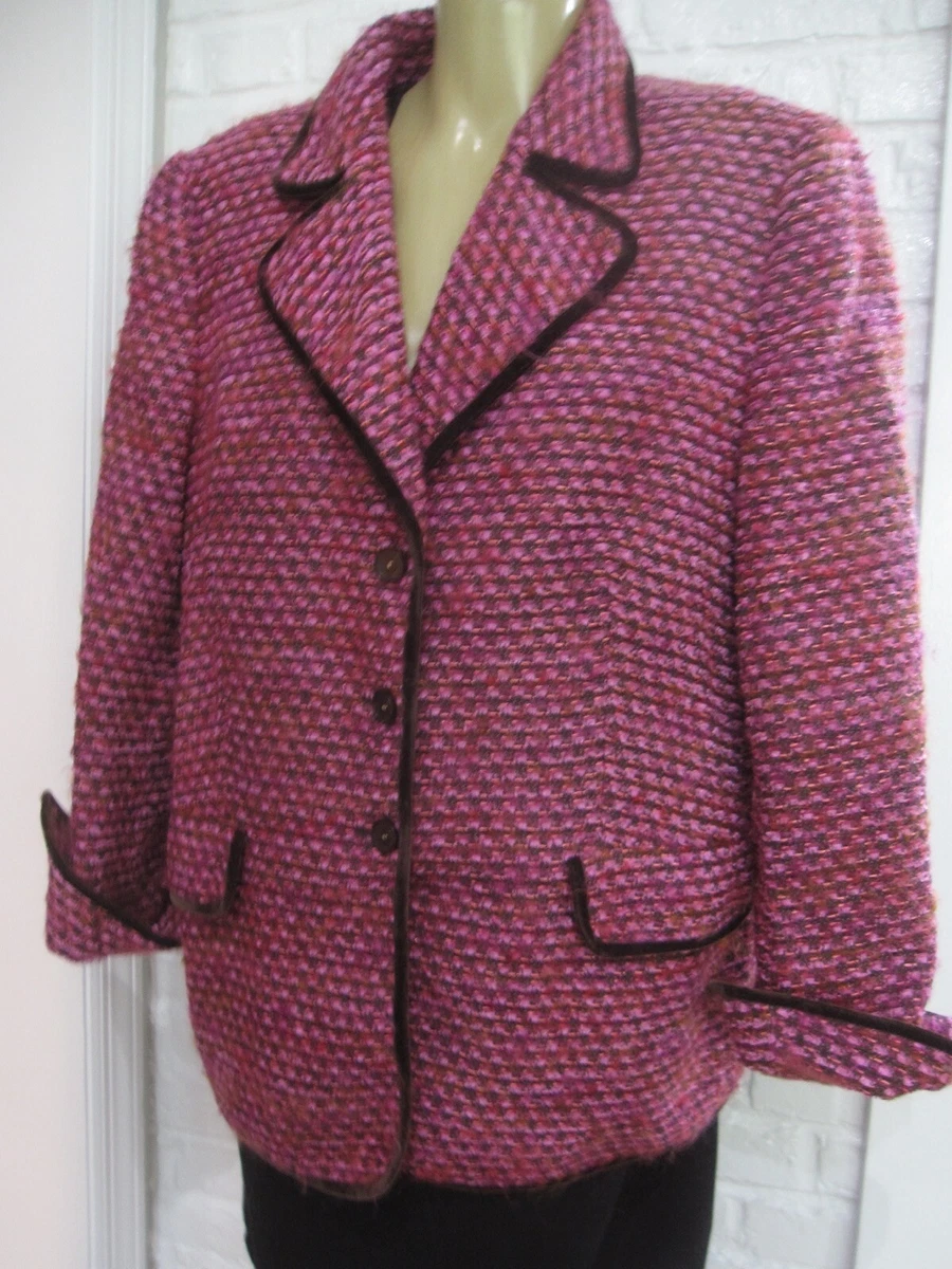 ESCADA Vintage Boucle Tweed Pinks Velvet Trim Jacket Blazer Sz 46 Large