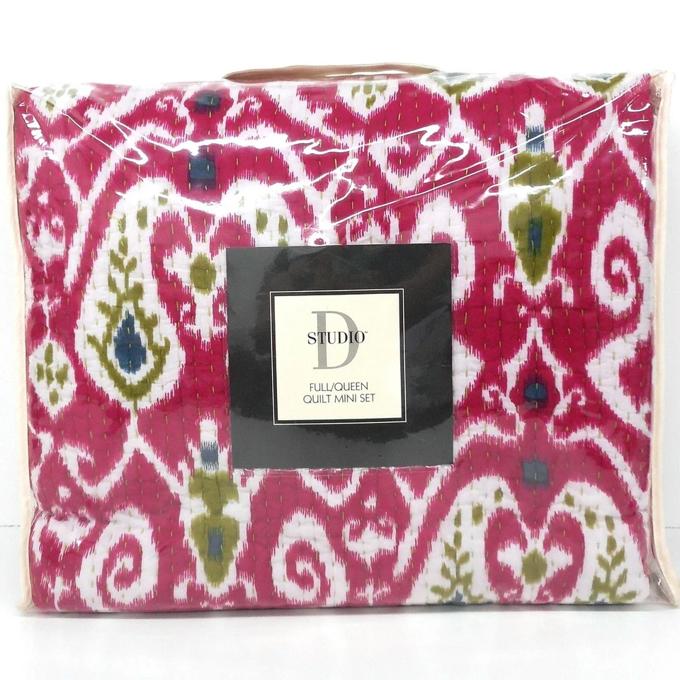 Paisley Floral Ikat QUEEN Quilt Set 3pc STUDIO D NEW PINK LIME BLUE WHITE COTTON - Image 3 of 4