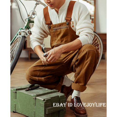 Red Tornado Vintage Men's Cargo Overalls Canvas Khaki Carpenter Dungarees Bib - Picture 19 of 22