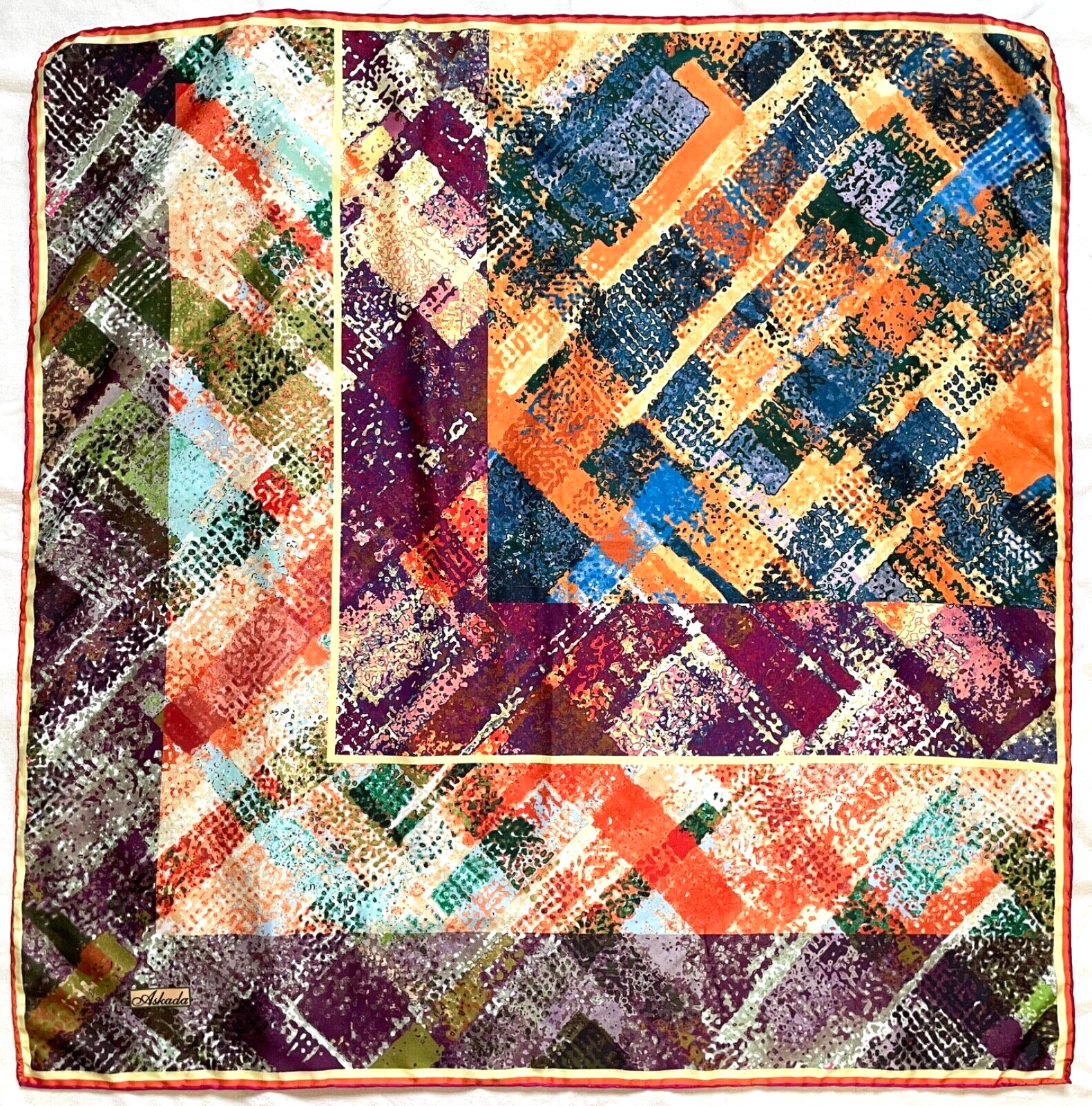 ASKADA 34 Inch Abstract Geometric Hijab Scarf in Orange Green Purple Hand Rolled Edges