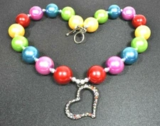 Heart-Shaped Rhinestone Pendant Costume Jewelry w/ Plastic Multi-Colored Beads