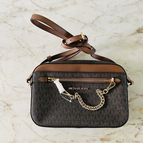 MICHAEL KORS Umhängetasche Jet Set Item braun Leder East West Reißverschluss Kette