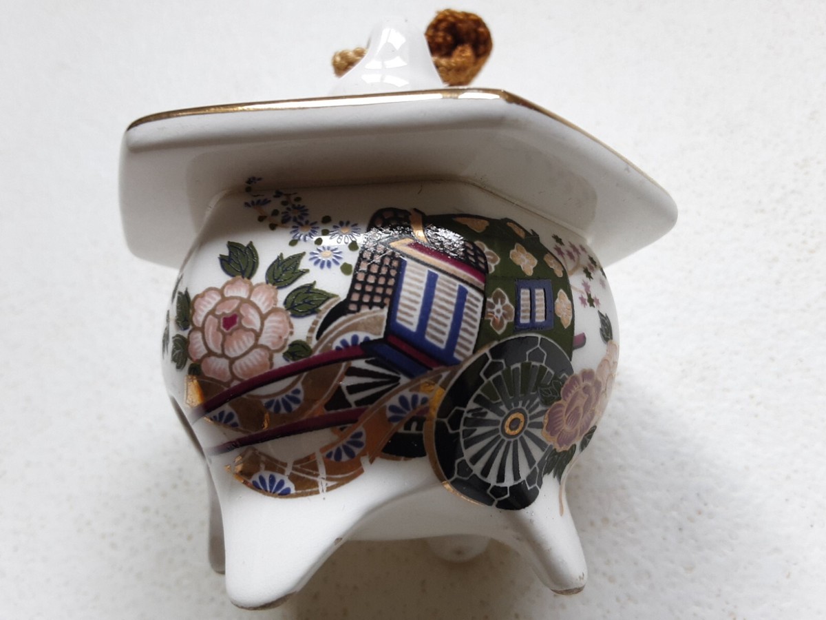 Japanese White Temple Bell Ceramic, Painted Rickshaw, Flowers