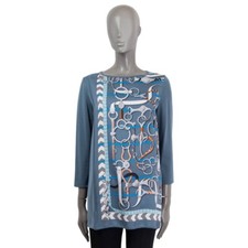 66590 auth HERMES airforce blue silk PANOPLIE EQUESTRE Blouse Shirt 38 S