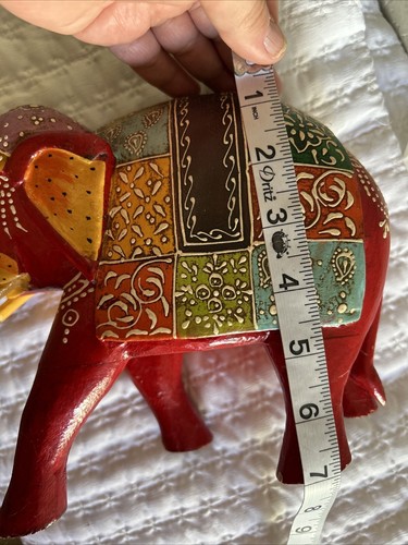 VTG Hand Painted Colorful Wood Carved Elephant Figurine Statue 10 L x 7 H India - Picture 17 of 23