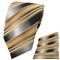 Tigertie Krawatte + Einstecktuch Gold Gelb Silber Anthrazit Grau Gestreift