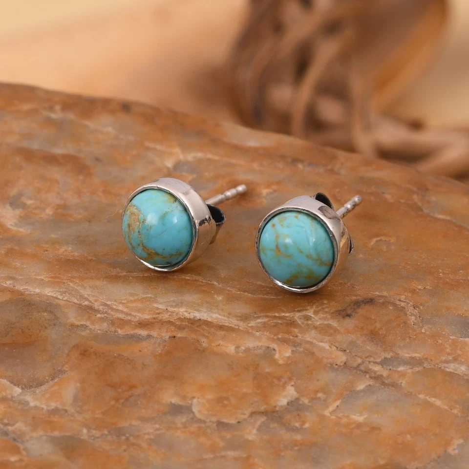 Cute Delicate Kingman Turquoise Stud Earring 925 Silver Birthday Gift For Sister - Image 2 of 4