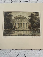 Vintage Hand Colored Etching Stuttgart Landestheater Signed