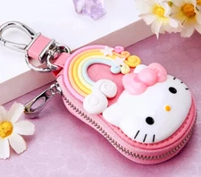 Sanrio Hello Kitty Keychain Car Key Leather Case w Zipper Bag Purse Coins Keys..